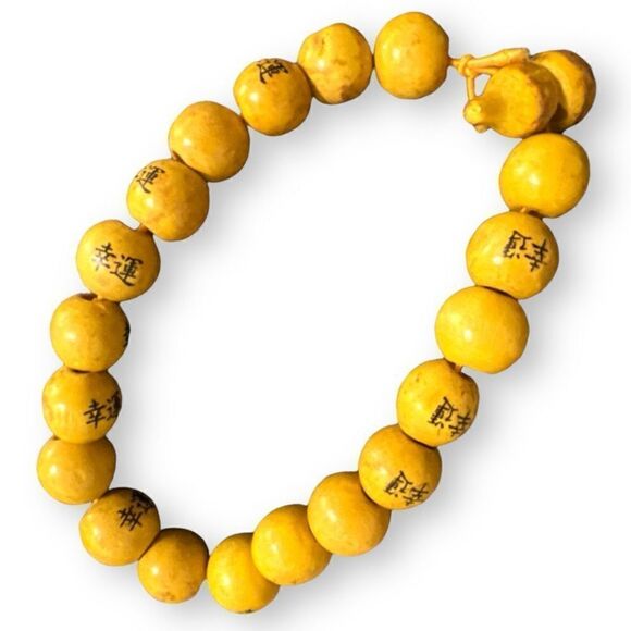 Asian Theme Yellow Wooden Beaded Stretch Bracelet - Picture 4 of 5